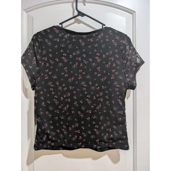 Aeropostale XL V-Neck Crop Mesh Floral top NWT Black pink - Picture 3 of 3